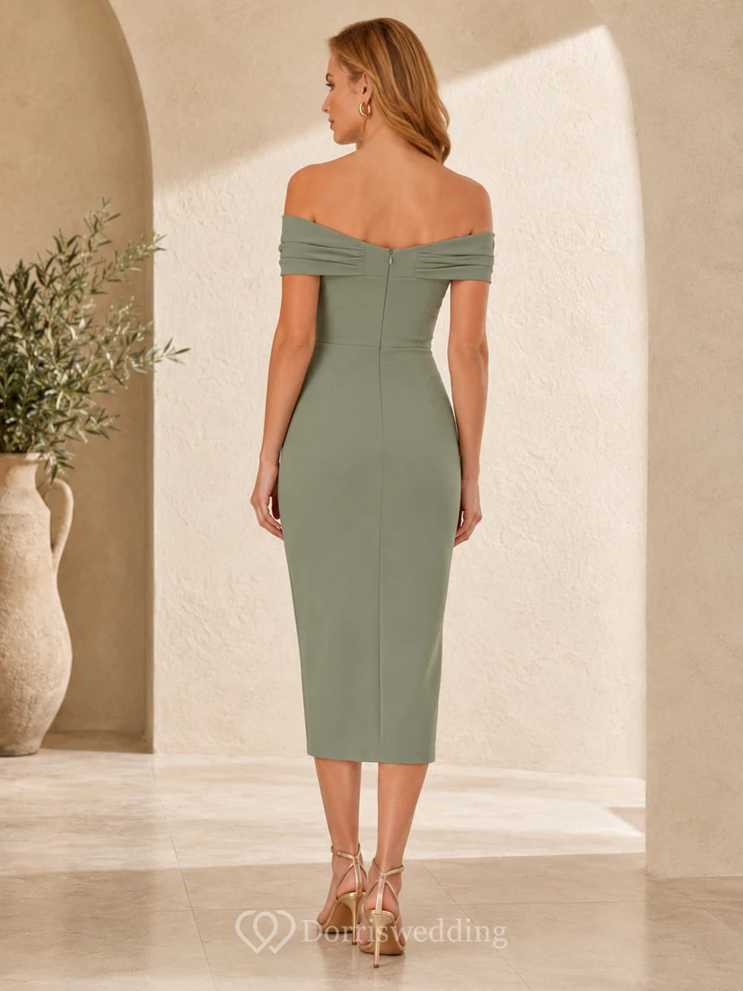 Sage Green Off Shoulder Crepe Midi Sheath Cocktail Guest Dress view 2