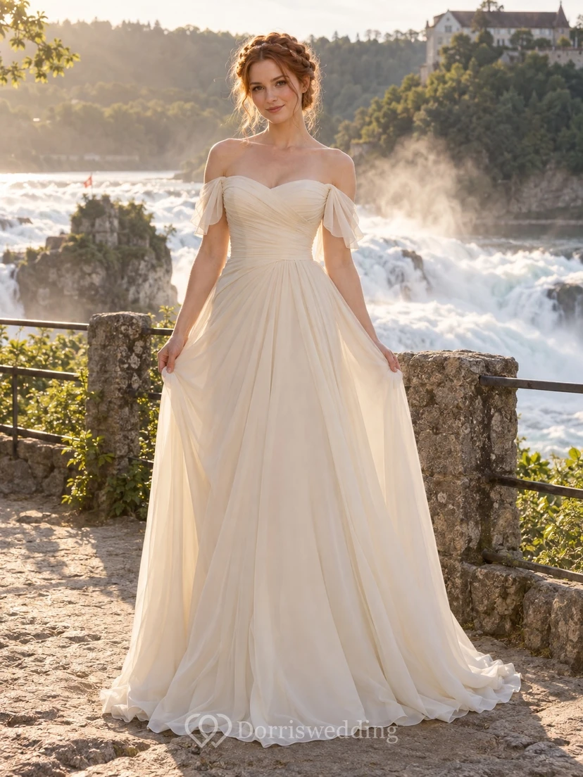 Vestido de novia romántico de gasa satinada con hombros descubiertos, corte en A, sin mangas, fruncido y cola larga
