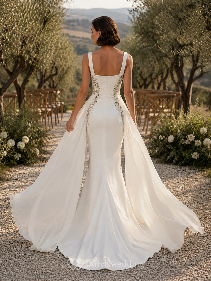 Satin Wedding Dress Sheath Square Neck Sleeveless Floor Length Low V Back Bridal Gown view 2
