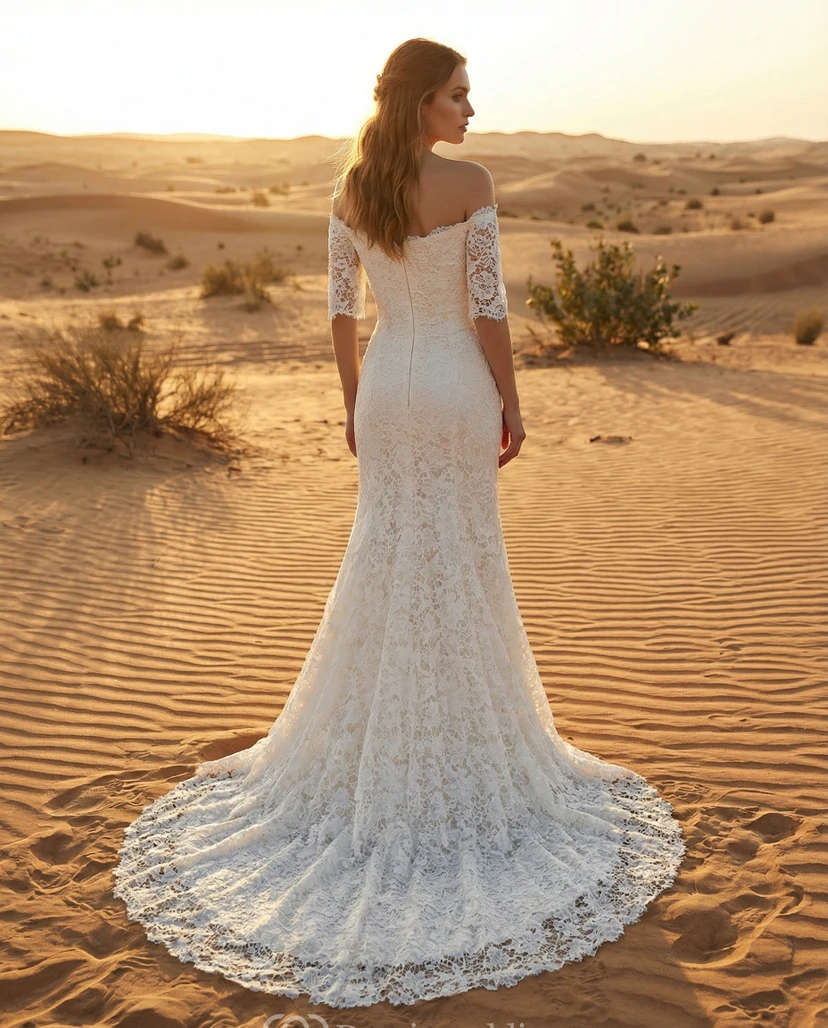 Half Long Sleeve Lace Bohemian Bridal Gown view 2