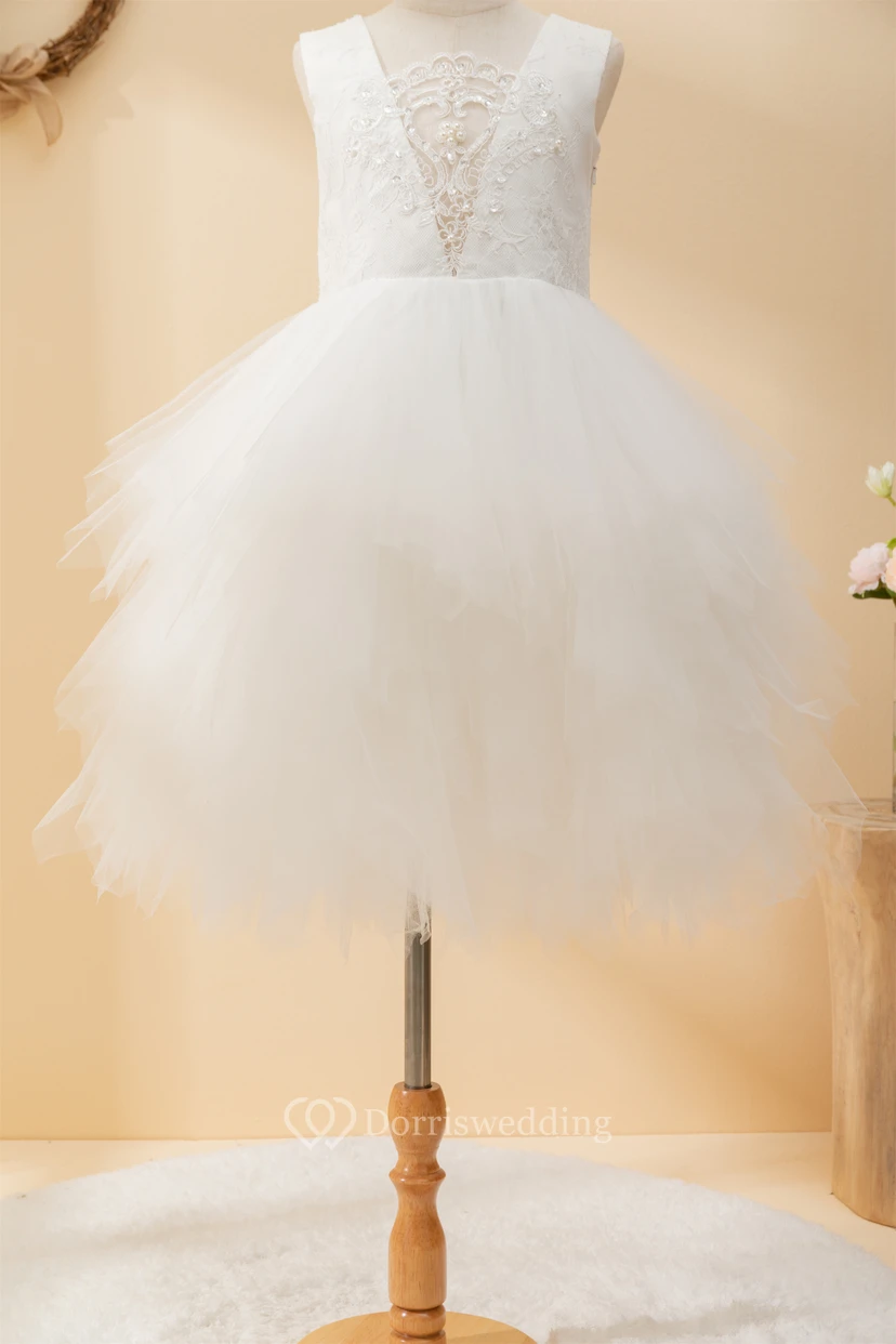 Short Ruffled Sleeveless Layered Plunged Tulle Flowergirl Dress view 4
