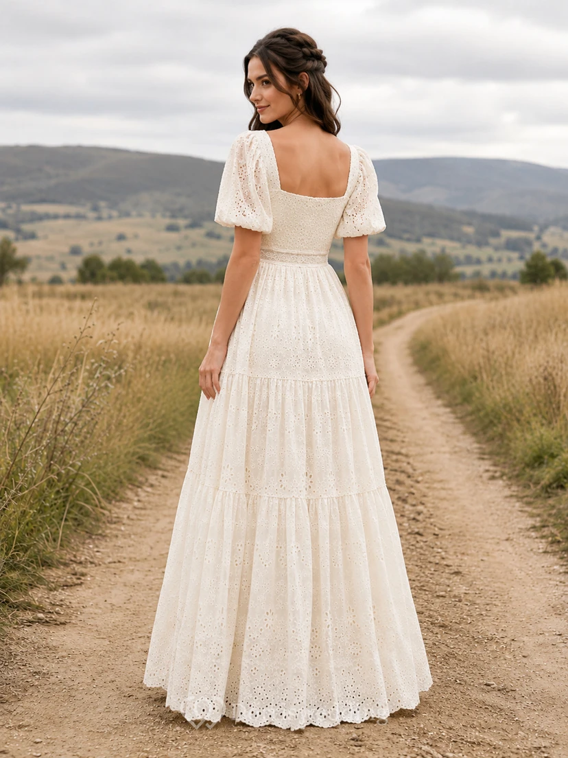 Country Lace Wedding Dress A-Line Square Neck Short Sleeve Sweep Train Bridal Gown view 2
