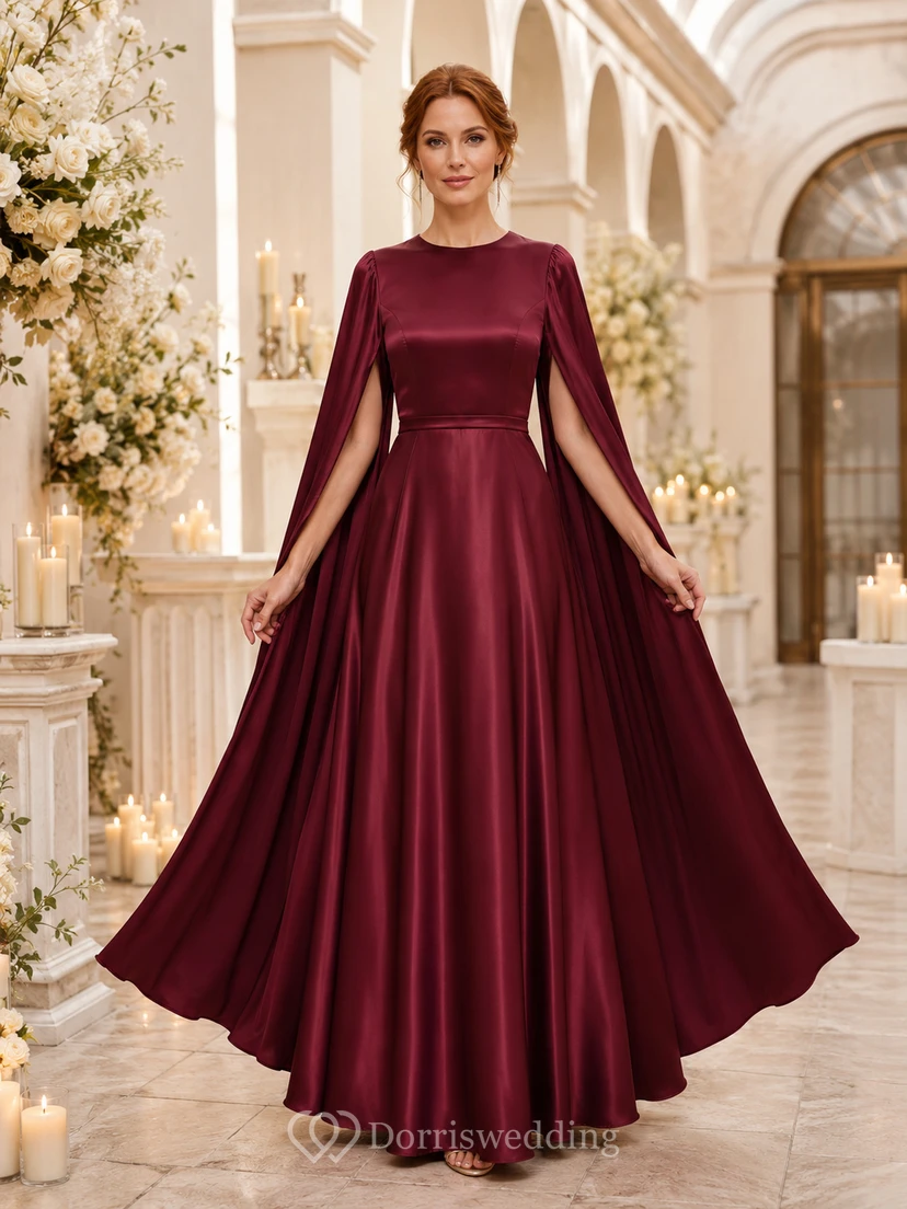 Burgundy Bateau Satin A Line Floor Length Cape Guest Dress