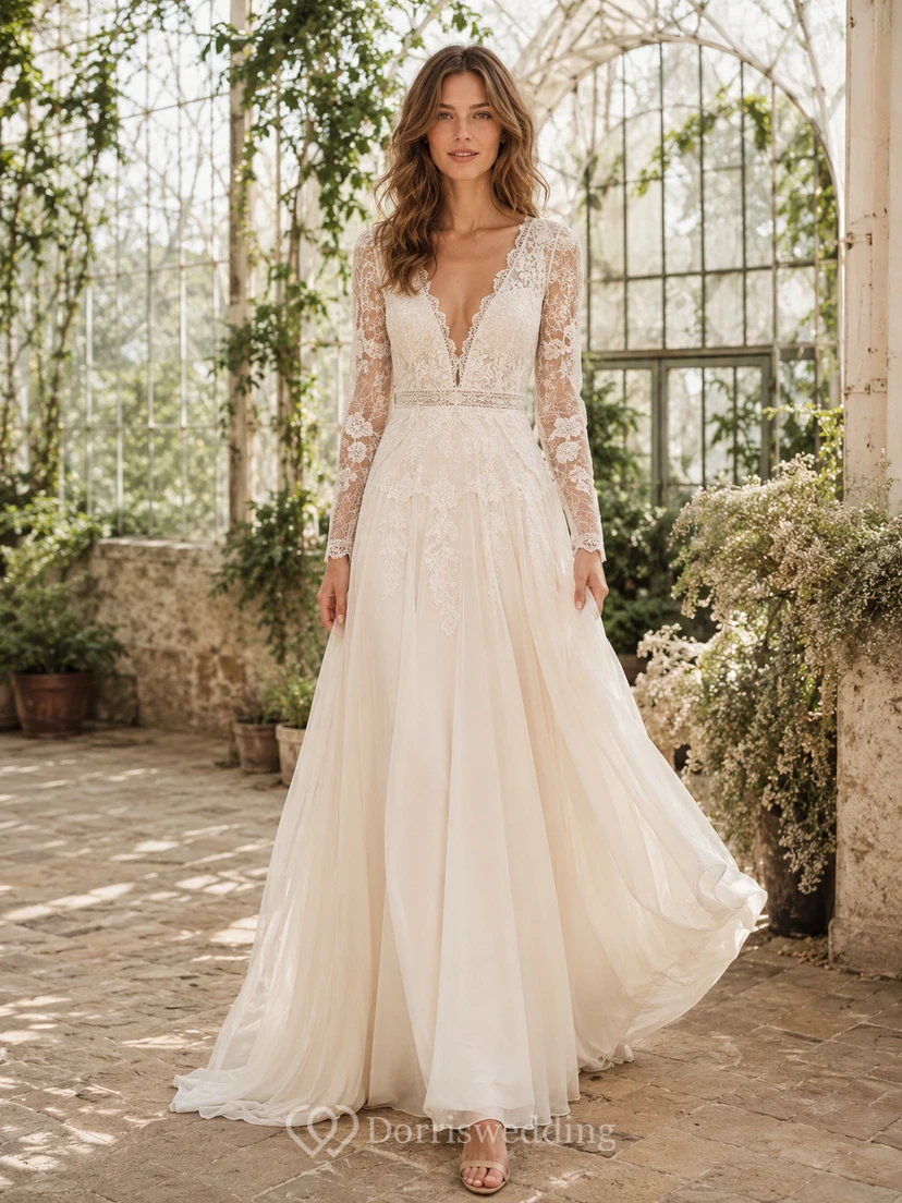 Robe de mariée classique en mousseline et dentelle, décolleté plongeant en V, manches longues, coupe trapèze, traîne, dos nu plongeant, manches longues et bustier trapèze.