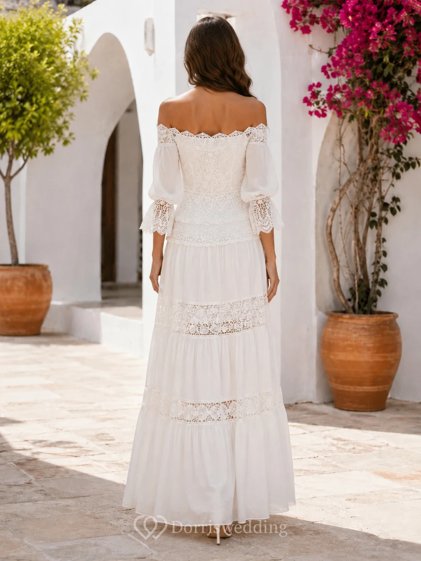 Ibicenco Off Shoulder Bell Sleeve Crochet Tiered A Line Beach Wedding Dress view 2