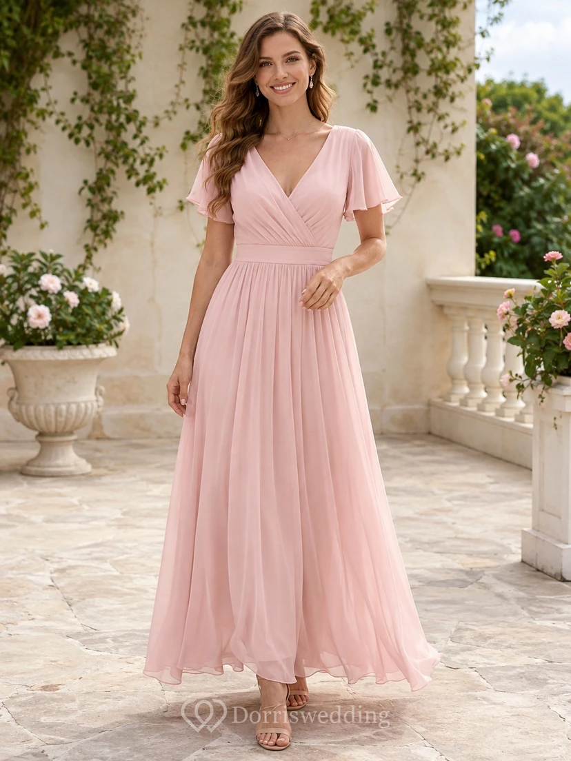 Robe romantique décontractée en mousseline rose perle, col V, manches courtes, coupe trapèze, longueur thé, style jardin.