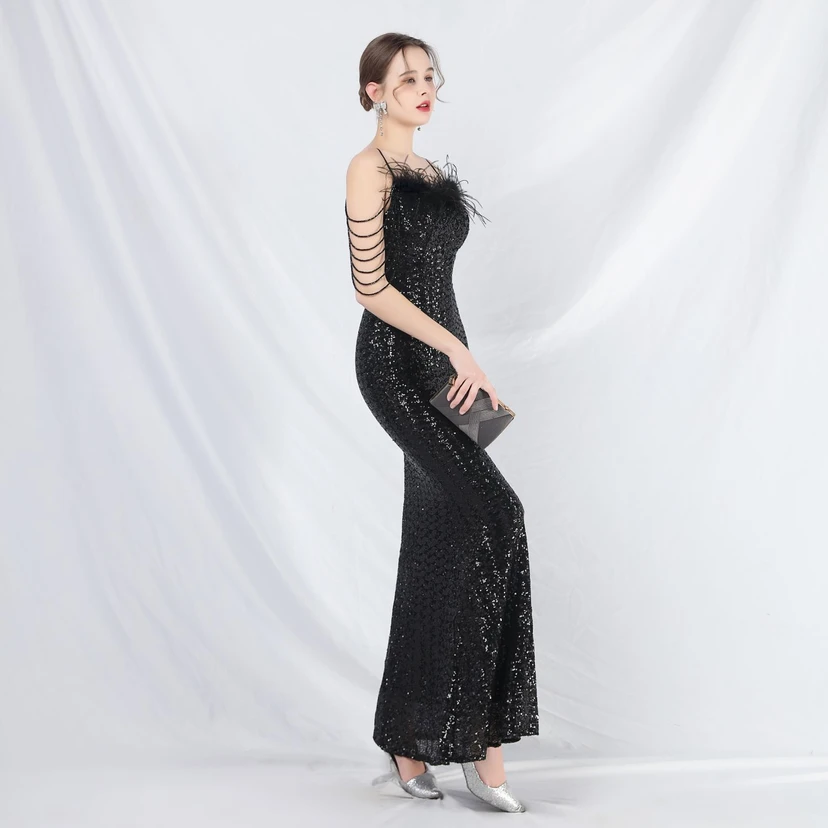 Craft Beaded Ostrich Feather Fantasy Sequined Long Evening Dress view 67