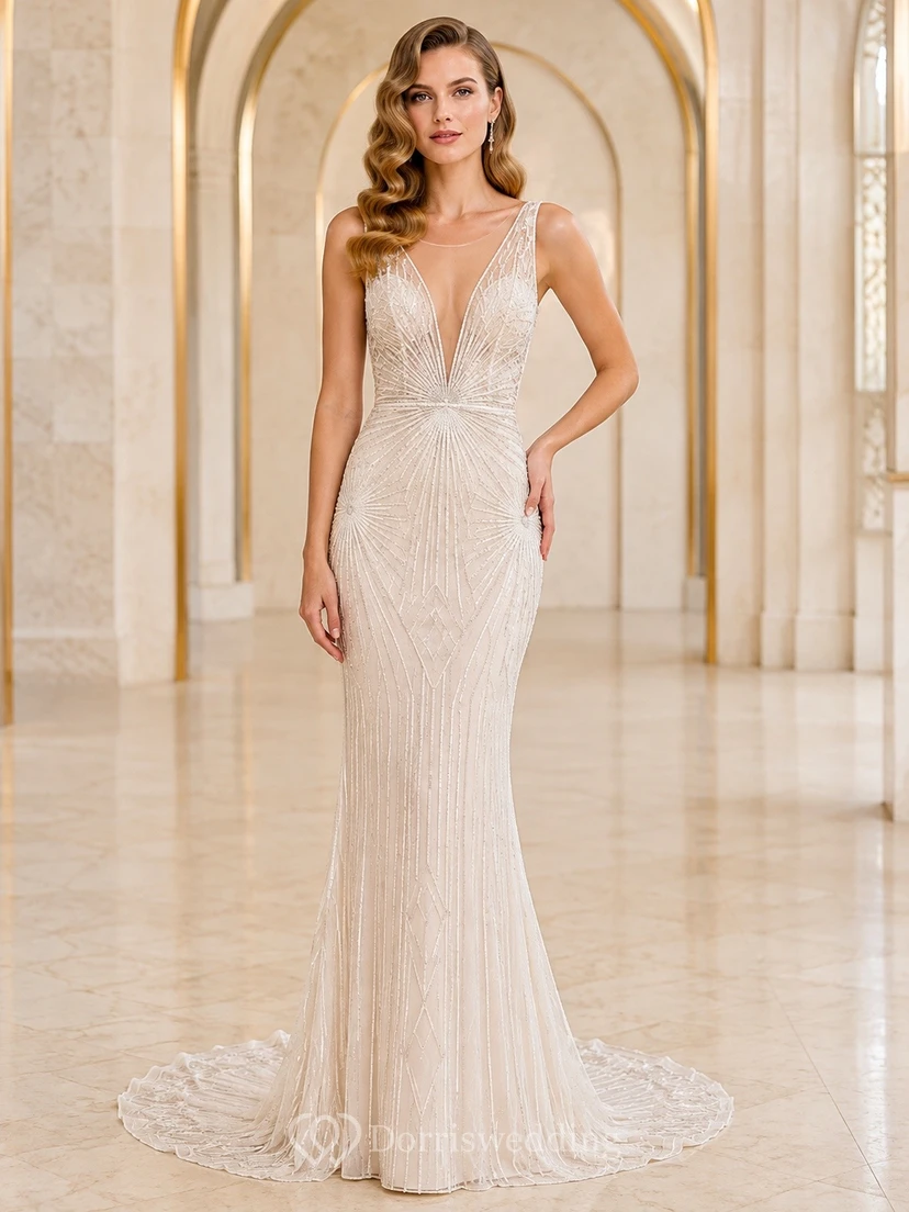 Vestido de novia moderno de sirena con escote en V, lentejuelas y cuentas plateadas