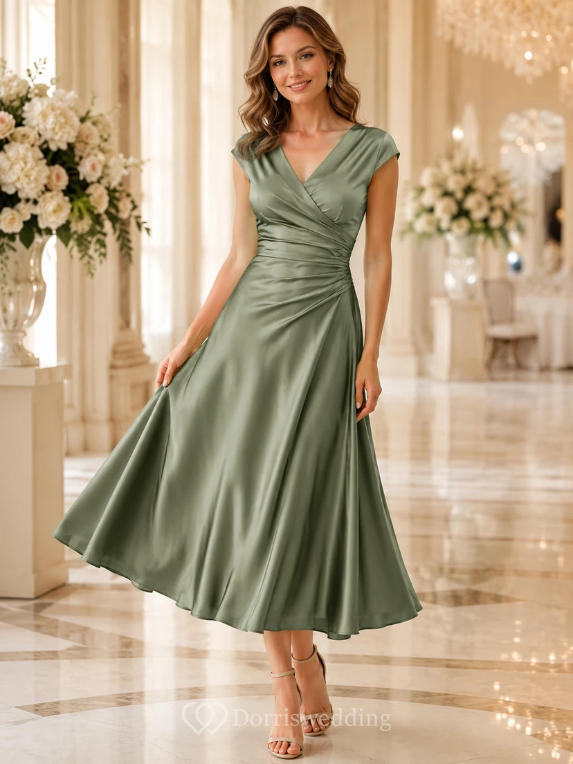 Jade V Neck Cap Sleeve Ruched Satin Tea Guest Dress