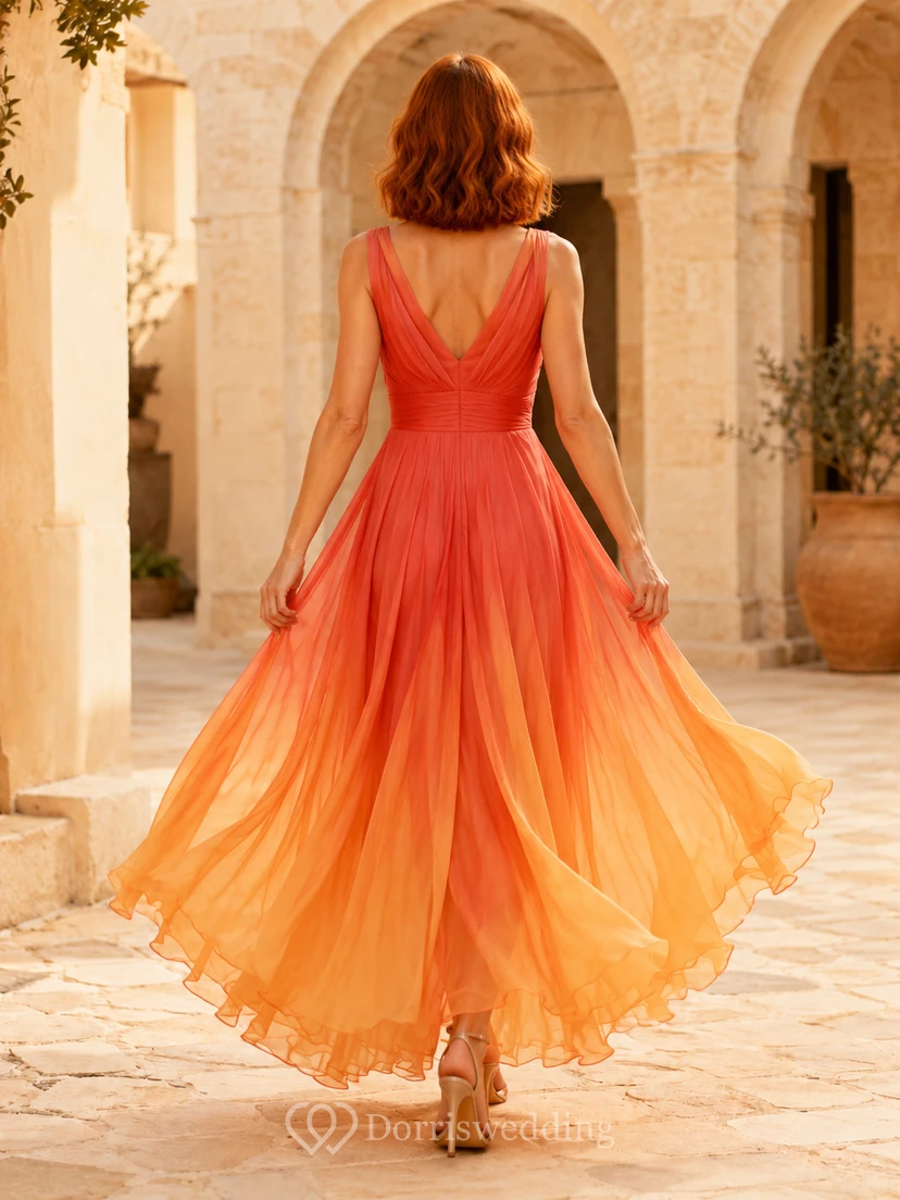 Vestido largo de gasa con escote drapeado y corte en A en tonos naranjas degradados view 2