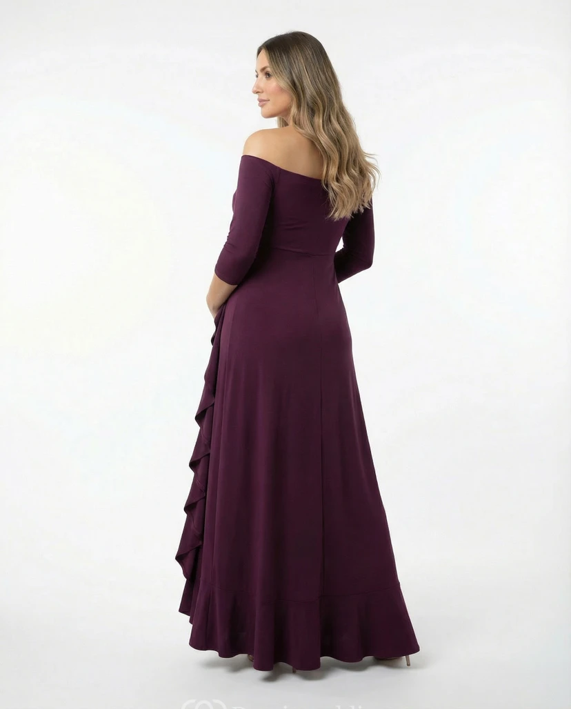 Plum Off-Shoulder Maternity Evening Dress with 3/4 Sleeves, Side Ruffles & Floor-Length Skirt view 2