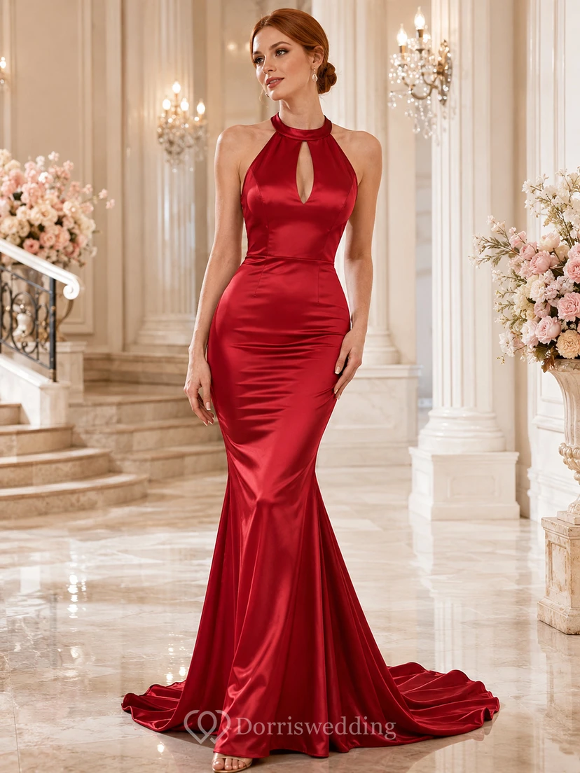 Robe de bal sirène rouge en satin à col halter et décolleté en goutte d'eau, longueur au sol