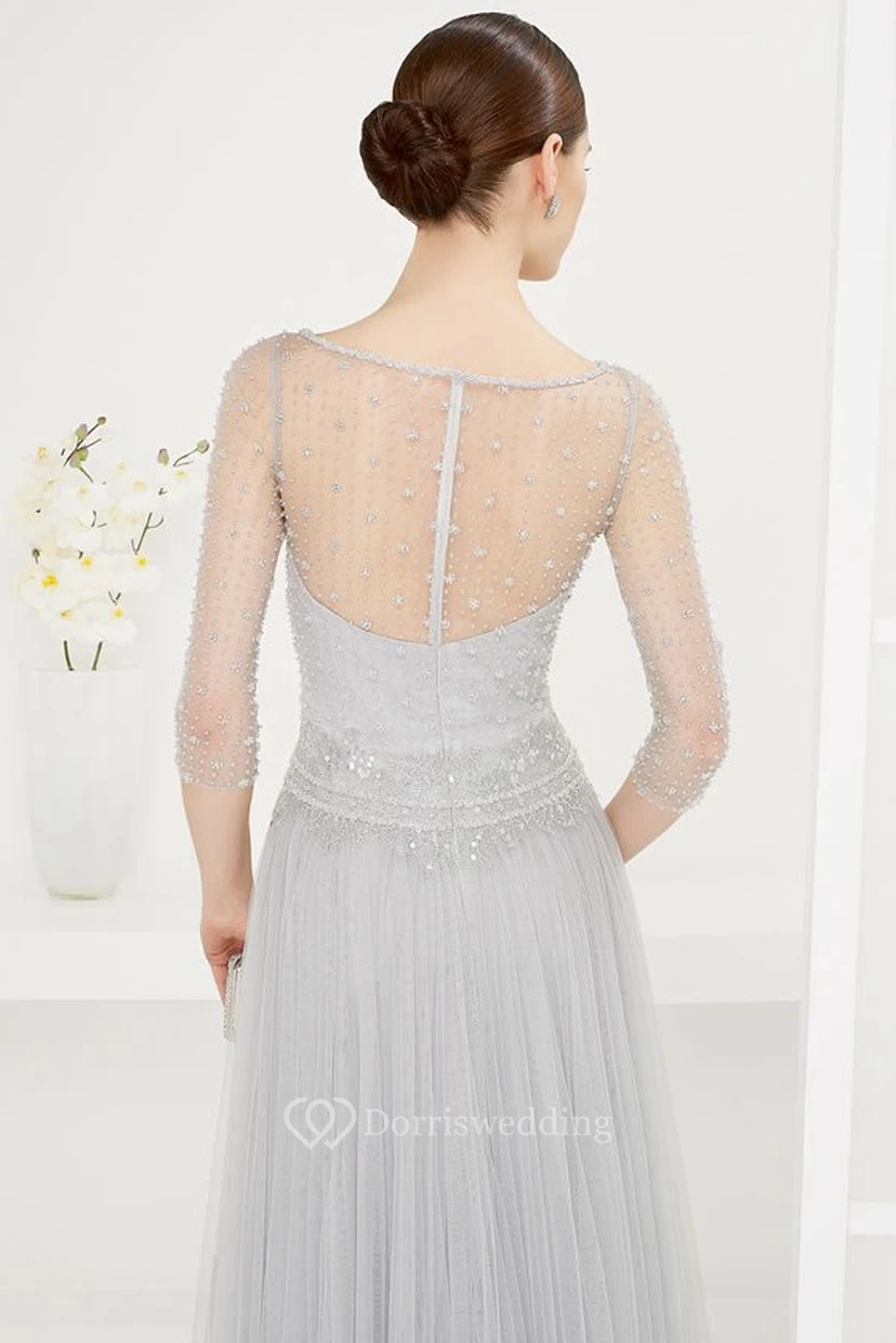 Jewel Neck 3-4 Sleeve Pleated Tulle Long Prom Dress With Belt And Sequins view 2