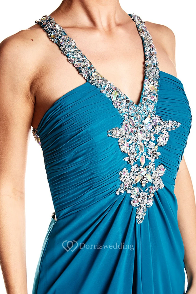 A-Line Ruched Sleeveless Floor-Length Empire Chiffon Prom Dress With Straps And Beading view 3