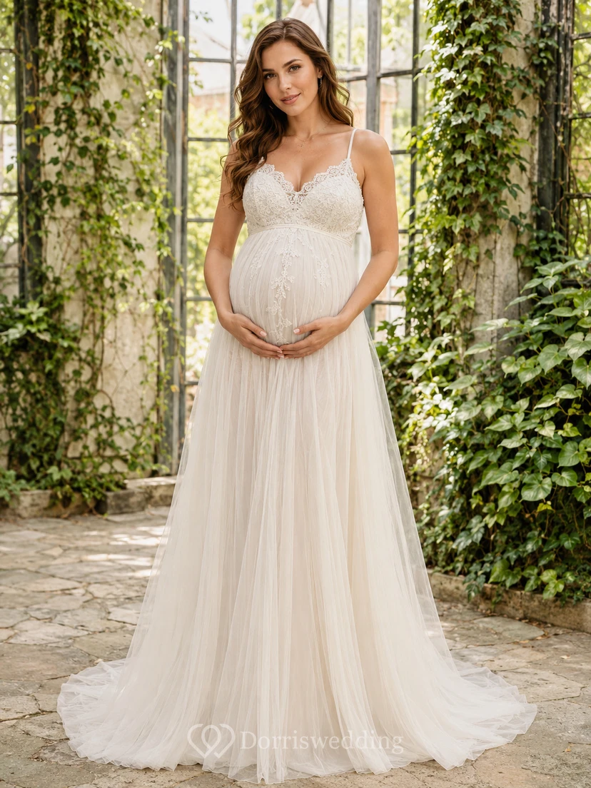 Maternity Wedding Dress Spaghetti Strap Sweetheart A-Line Tulle Garden Gown with Train