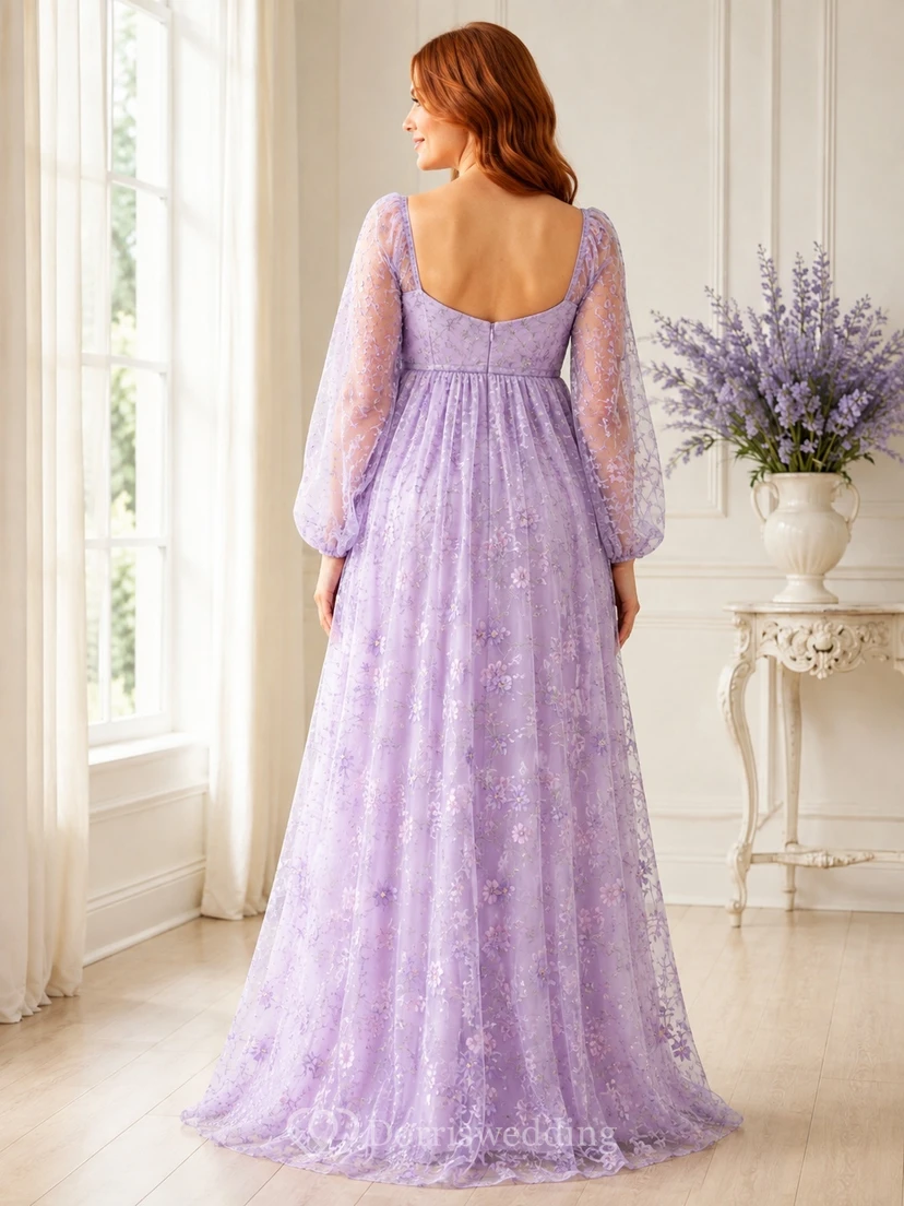 Langärmeliges, lavendelfarbenes, romantisches Chiffon-Umstandskleid mit eckigem Ausschnitt und Empire-Schnitt view 2