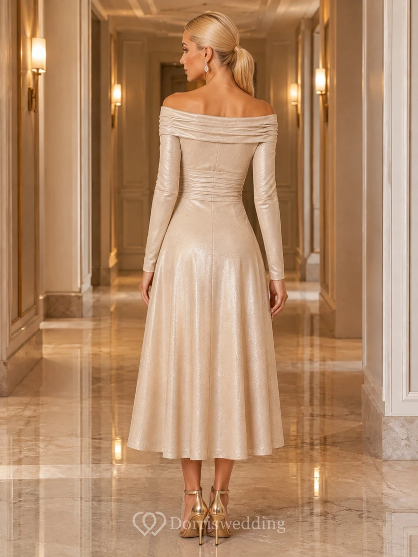 Champagne Off-the-shoulder Long Sleeve Satin Midi Evening Dress view 2
