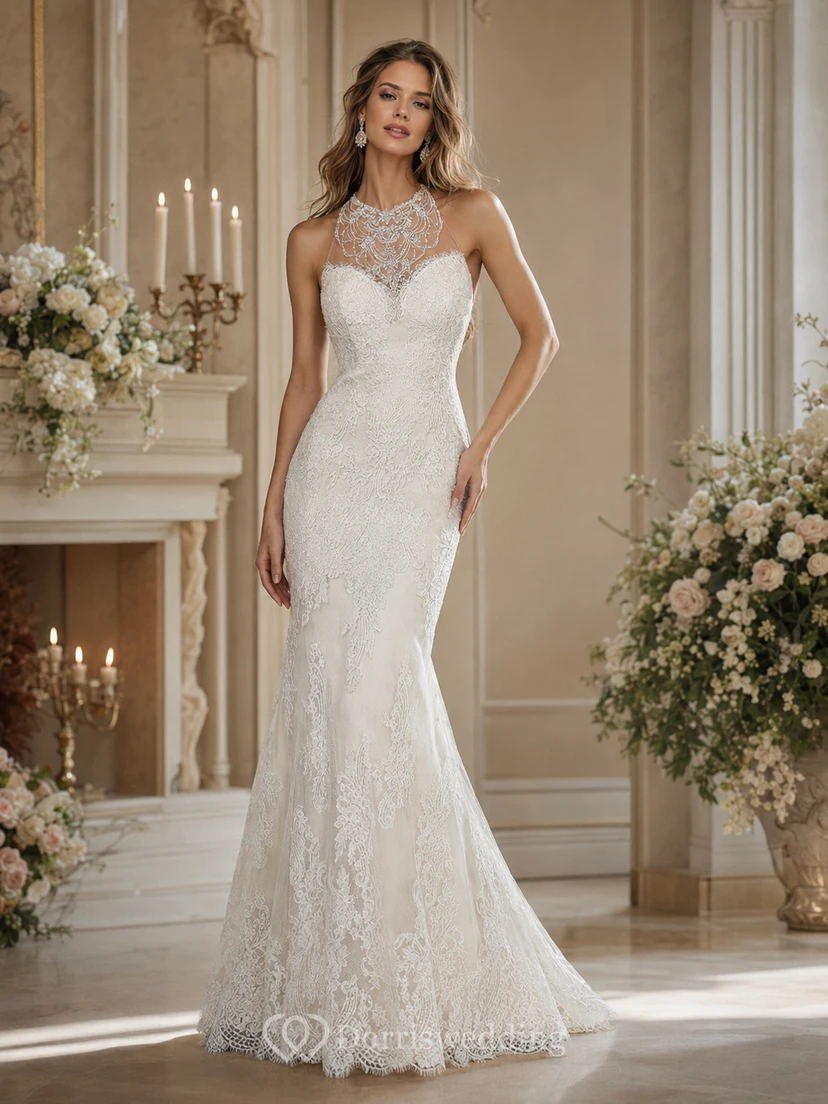 Vestido de novia de sirena sin mangas con cuello alto, escote ilusión y apliques.