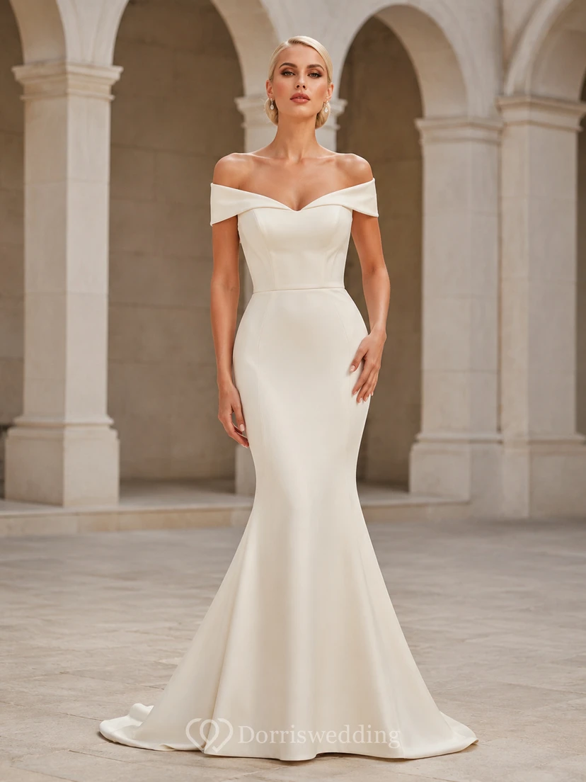 Robe de mariée sirène sculptée, longue jusqu'au sol, épaules dénudées, manches courtes, en satin élégant