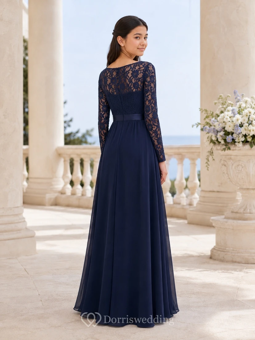 Dunkelblaues Brautjungfernkleid im A-Linien-Stil mit Schmucksteinen, langen Ärmeln und Spitze, schlicht und elegant view 2