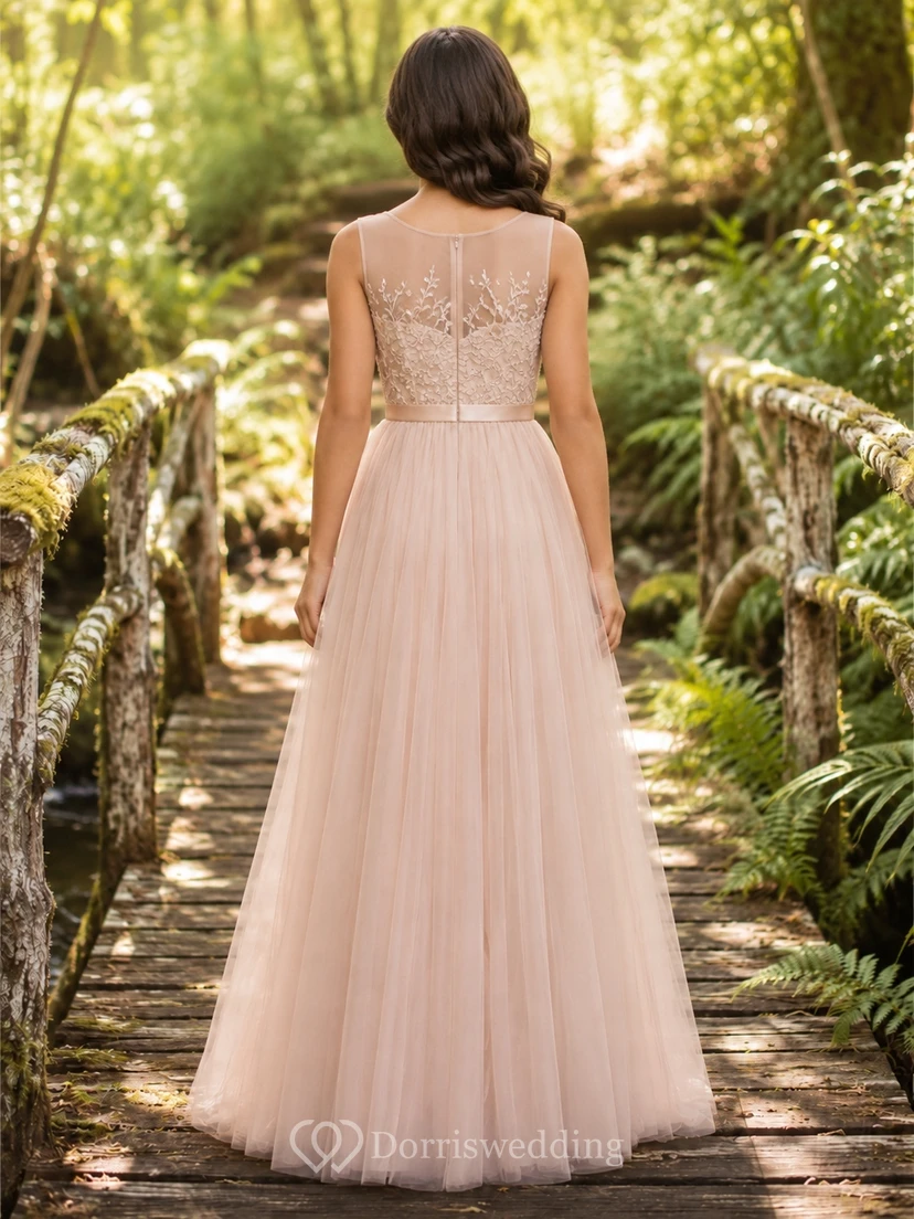 Rosafarbenes Brautjungfernkleid, A-Linie, V-Ausschnitt, ärmellos, mit Applikationen im Boho-Stil view 2