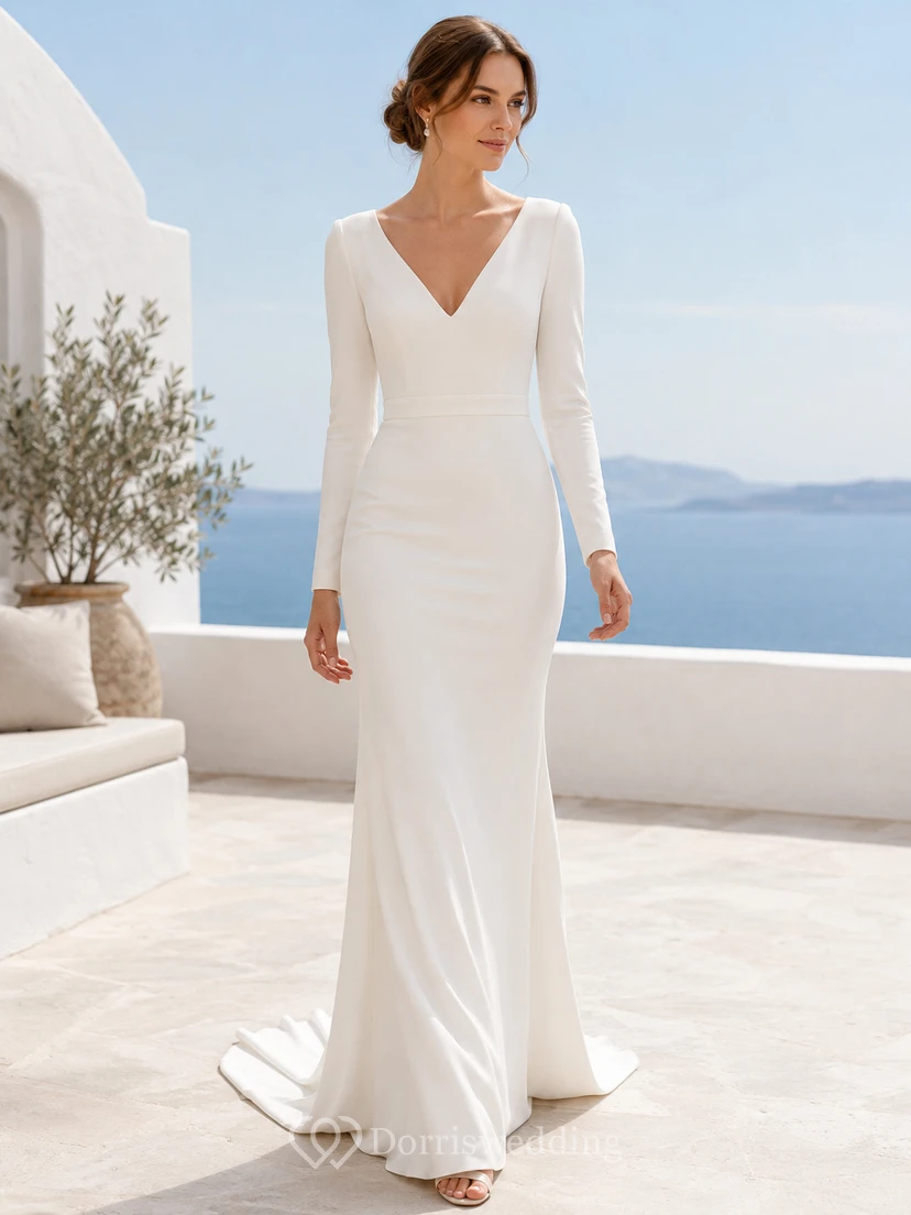 Minimalist V-Neck Long Sleeve Stretch Satin Sheath Sweep Wedding Dress