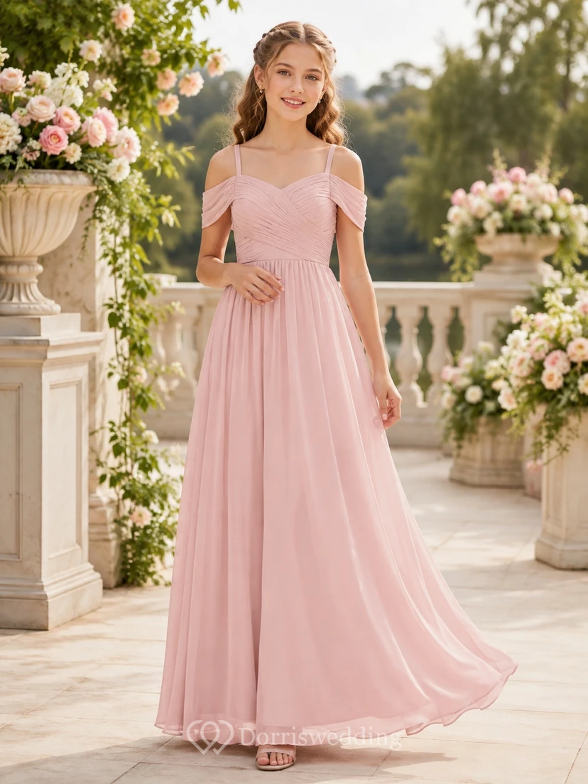 Vestido de dama de honor juvenil rosa perla, corte en A, hombros descubiertos, mangas cortas.