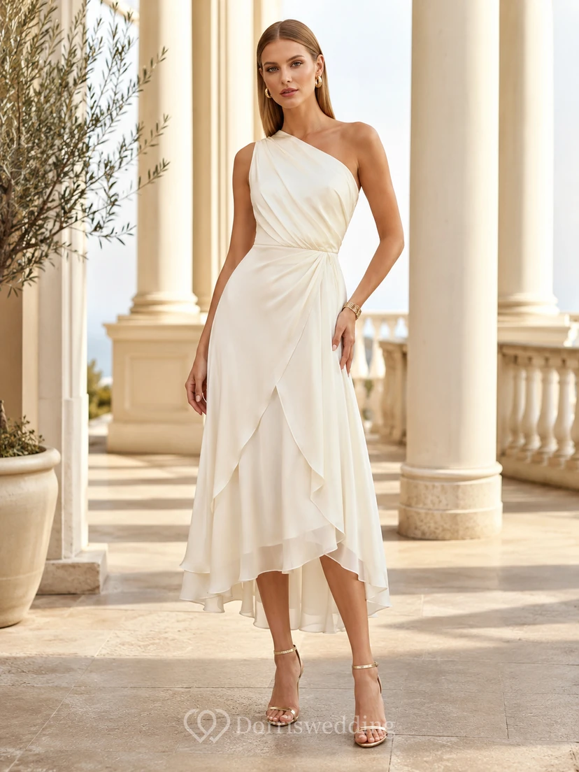 Robe de mariée en mousseline drapée, coupe trapèze, asymétrique (haut/bas), sans manches, plissée, fermeture éclair au dos