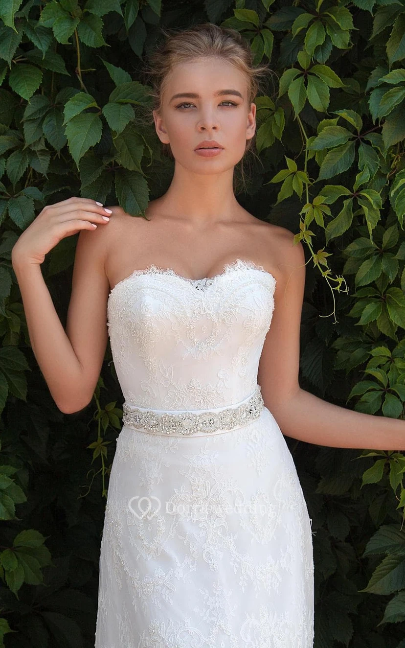 Sheath Long Sweetheart Sleeveless Corset-Back Lace Dress With Appliques And Waist Jewellery view 3
