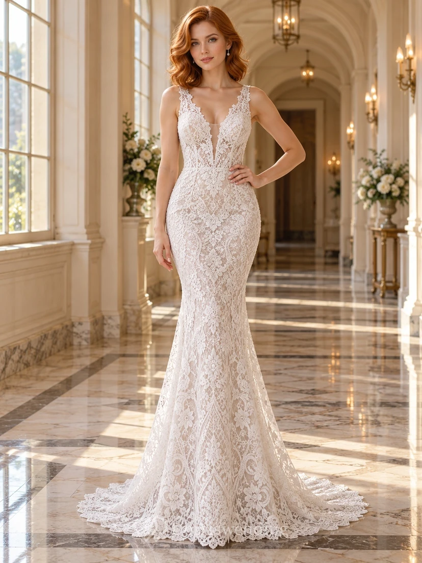 Mermaid V-neck Wide Strap Geometric Lace Bridal Wedding Dress