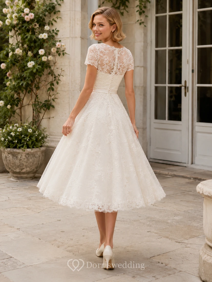 Vestido de novia vintage de encaje con escote barco, largo hasta la rodilla y mangas cortas, estilo línea A. view 2