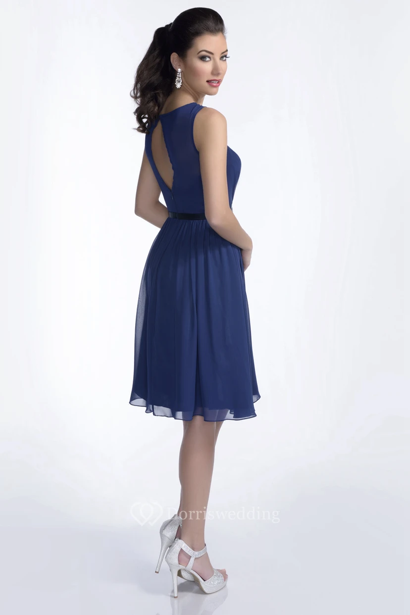 Chiffon Knee Length Sleeveless Bridesmaid Dress With Pleats And Shimmering Brooch view 2