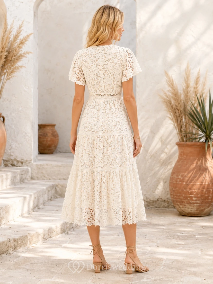 Cream Lace V-neck Cap Sleeve A-Line Tea-length Bohemian Romantic Garden Tiered Wedding Guest Dress view 2