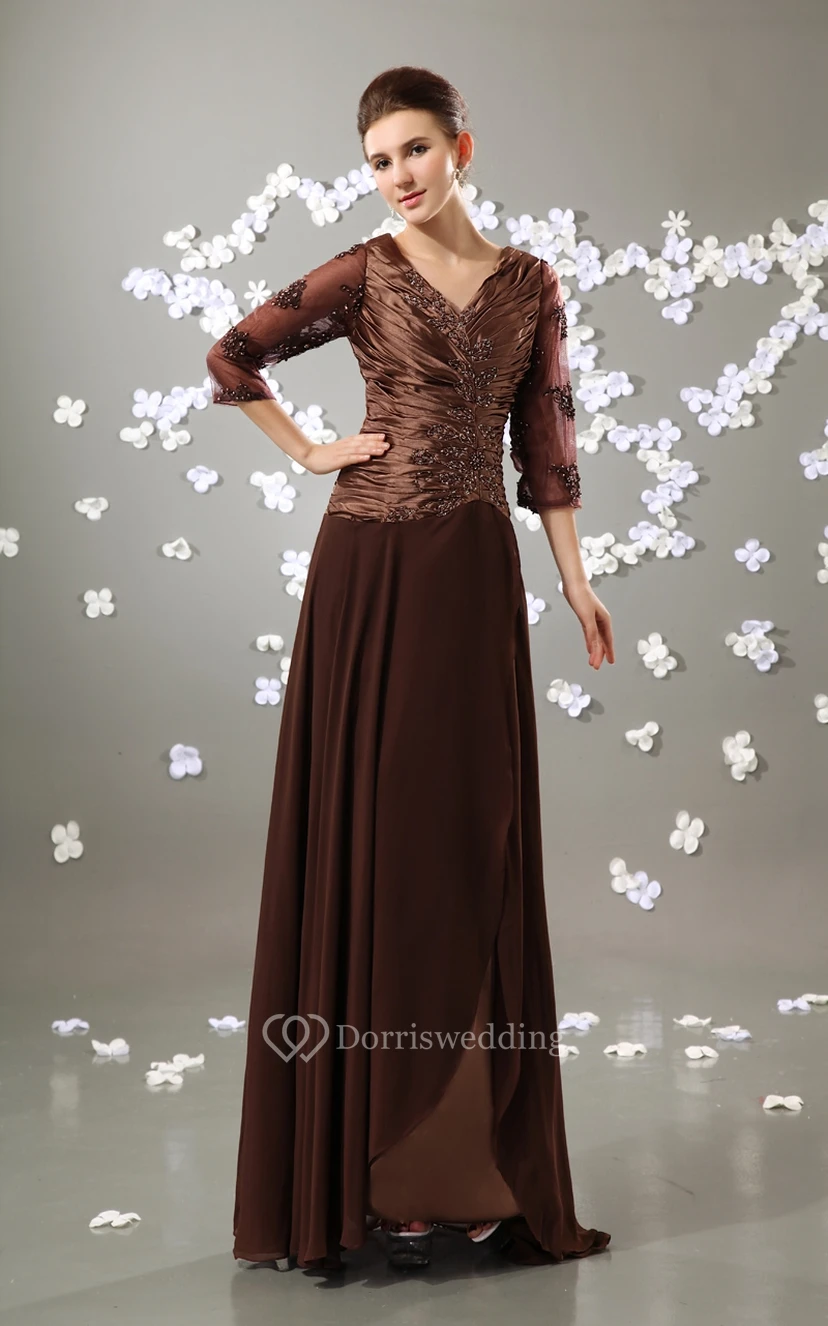 V-Neck 3-4 Sleeve Chiffon Floor-Length Dress With Ruched Top view 4