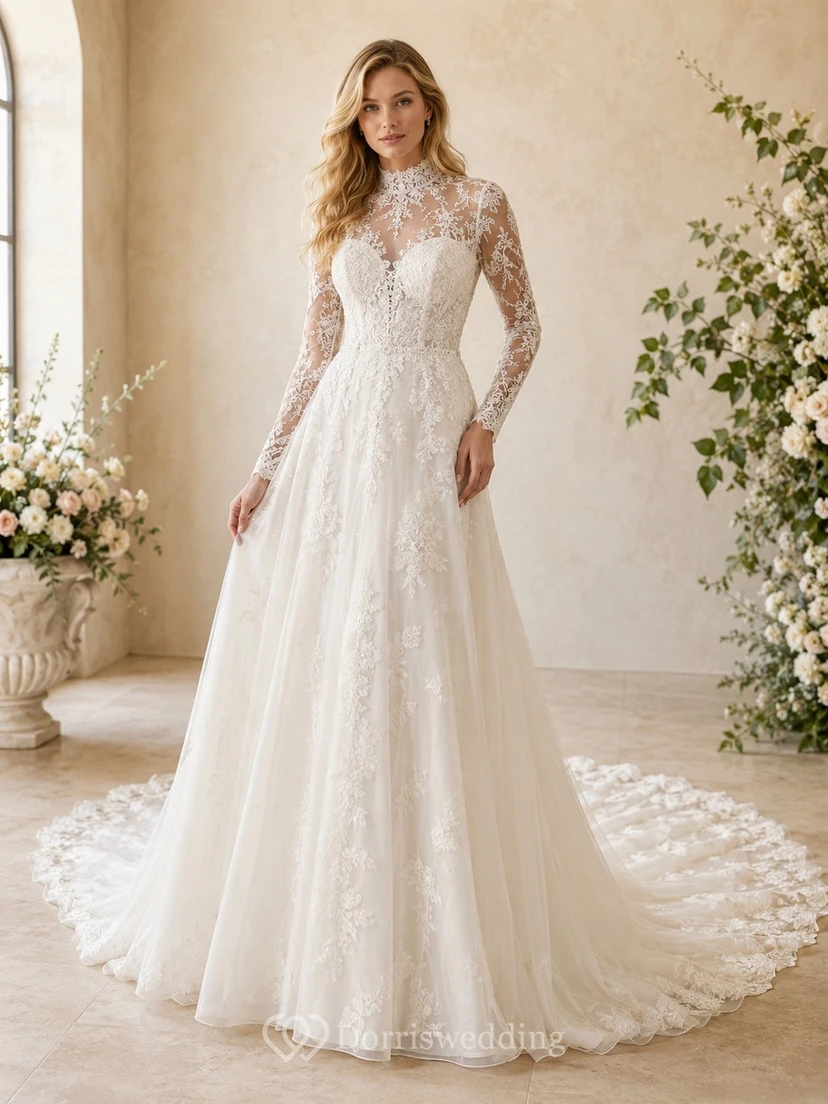Vestido de novia modesto de encaje con cuello alto y mangas largas y estampado floral, corte en A.