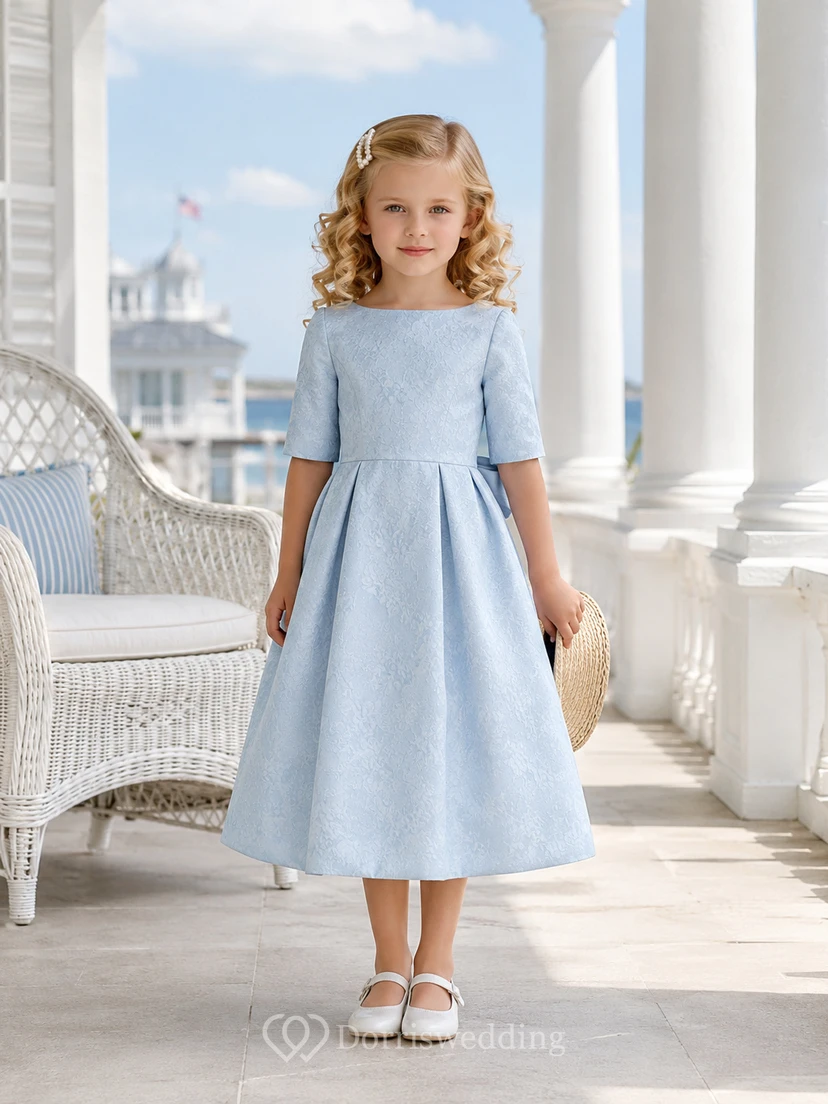 A-Line Old Money Flower Girl Dress with Cap Sleeves, Structured Bodice, Tea-Length Full Skirt, Natural Waist, Estate Formal Style