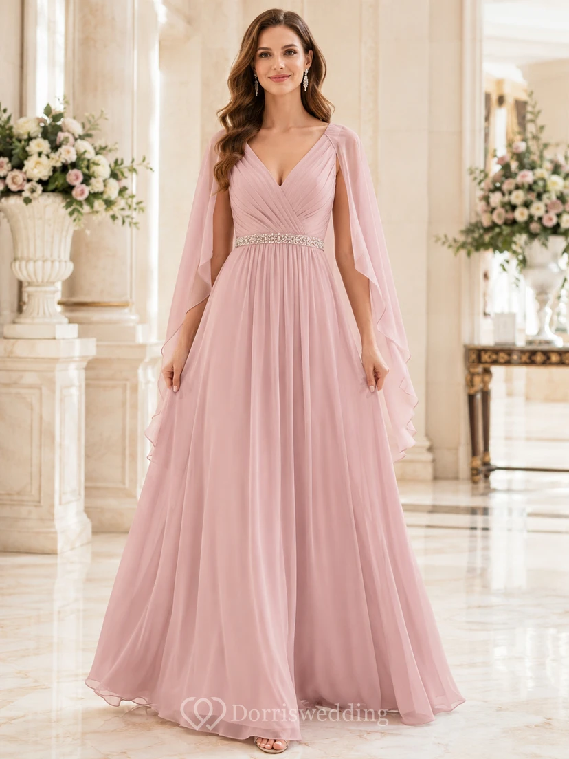 Romantisches, bodenlanges, formelles Cape-Kleid aus altrosafarbenem Chiffon in A-Linie mit V-Ausschnitt