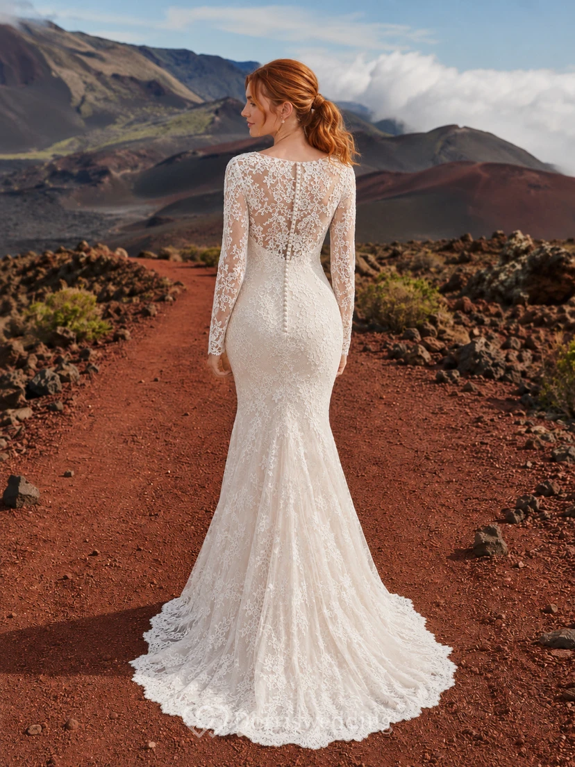 Robe de mariée sirène en dentelle à manches longues et col en V, traîne balayée, entièrement en dentelle. view 2