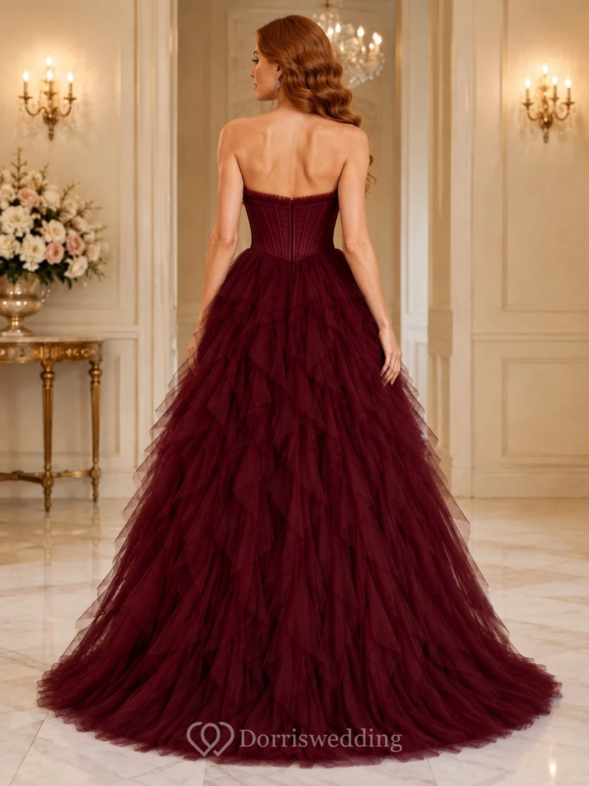 Burgundy Strapless Sleeveless Cascading Ruffle Tulle Ball Gown Dress view 2