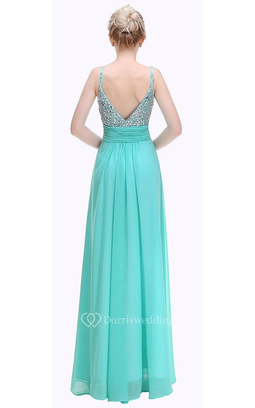 Sleeveless Straps A-line Floor-length Dress with Ruched Waist view 2