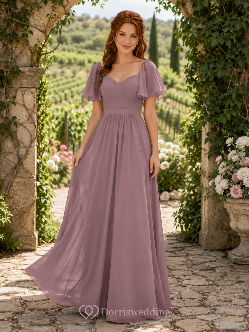 Mauve Chiffon A-Line V-Neck Flutter Sleeve Pleated Low Back Floor-Length Bridesmaid Dress