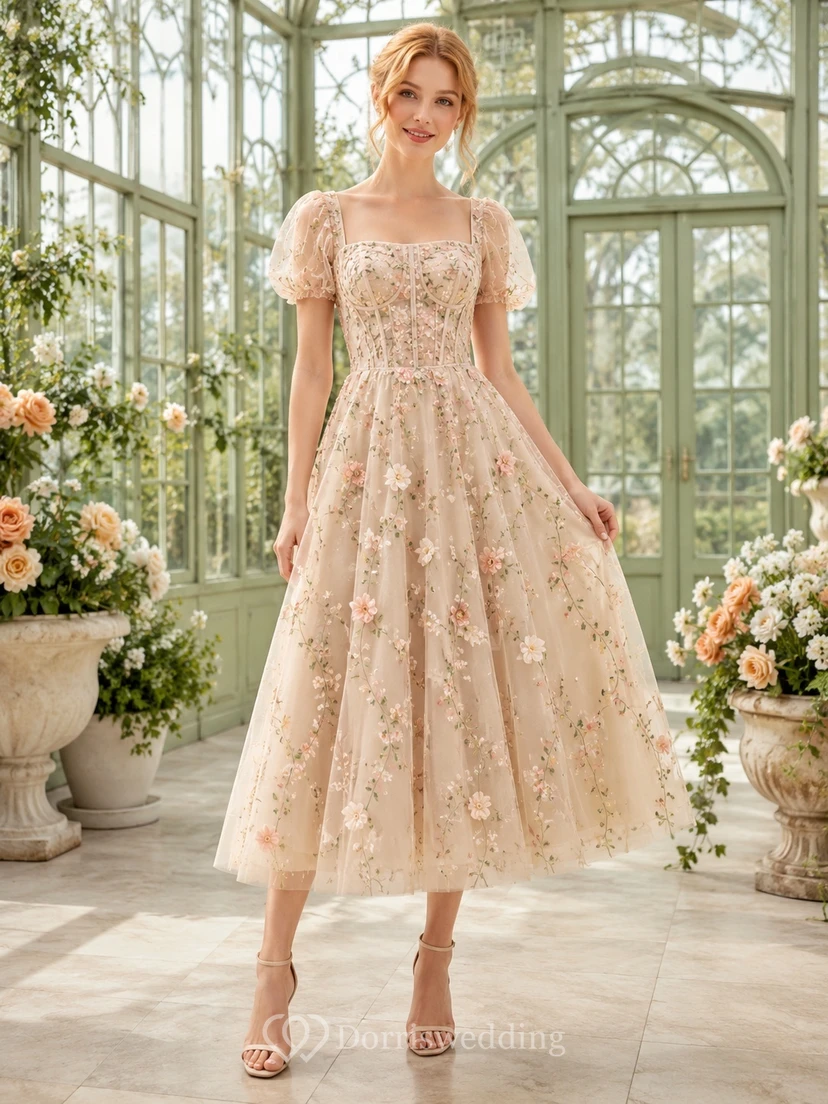 Champagnerfarbenes, romantisches Chiffonkleid in A-Linie mit eckigem Ausschnitt, Puffärmeln und Blumenmuster in Teelänge
