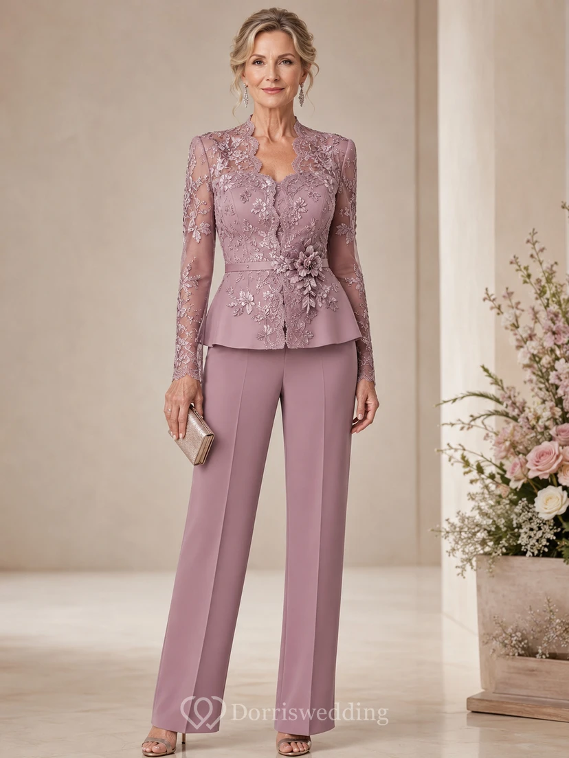 Vintage Mauve Lace Peplum Mother Pantsuit Vintage Mauve Notched V-neck Jumpsuit Ankle-length