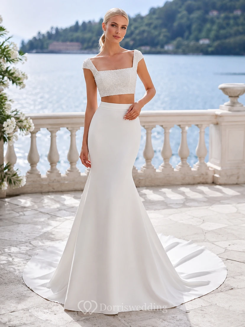Modern Square Neck Satin Two Piece Wedding Mermaid Short Sleeve Court Train