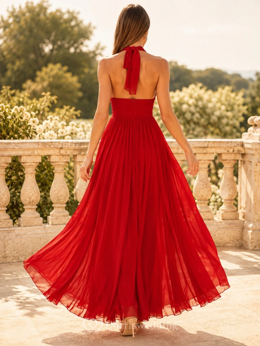 Red Halter Neck Sleeveless Chiffon Floor-Length A-Line Dress view 2
