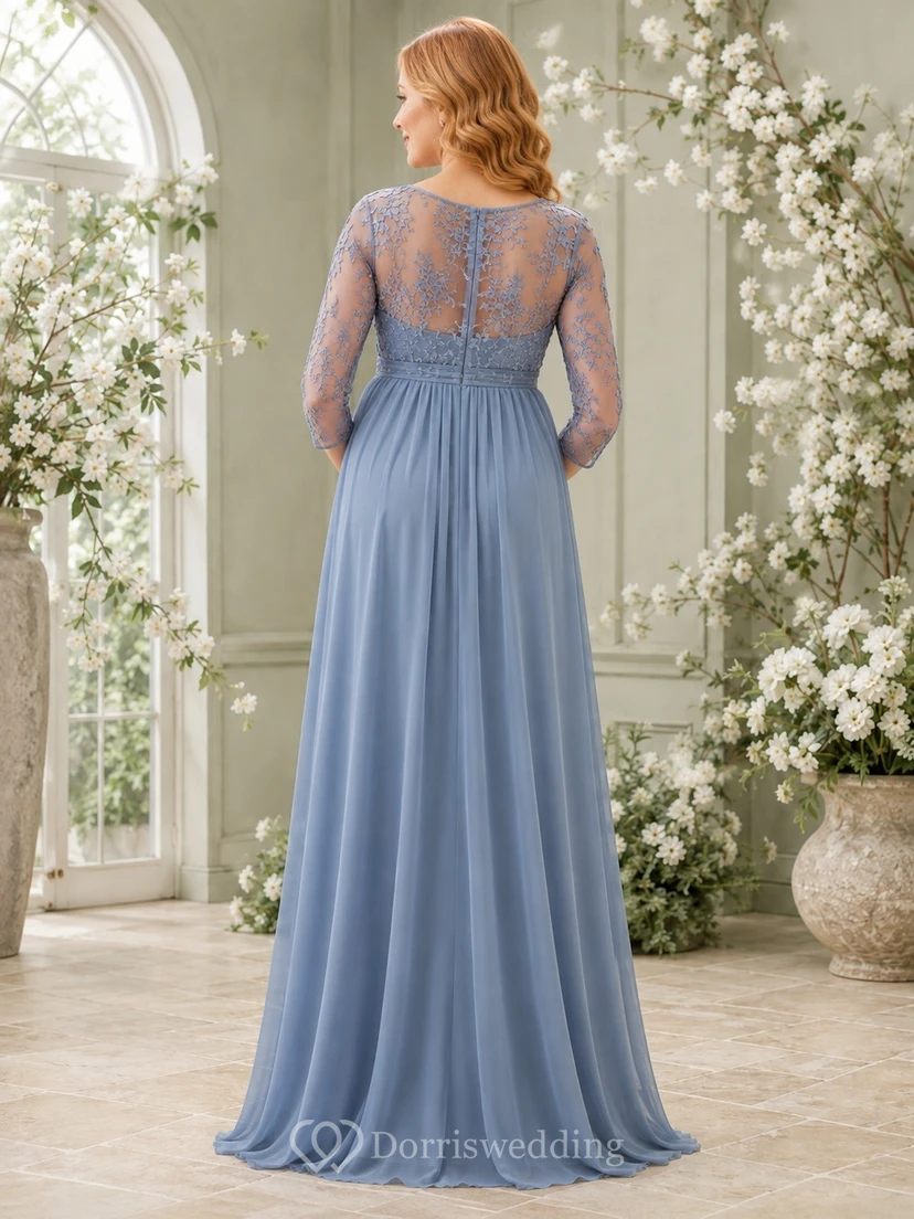 Steel Blue Romantic Scoop Chiffon-Lace Long-Sleeve A-Line Floor-Length Dress view 2