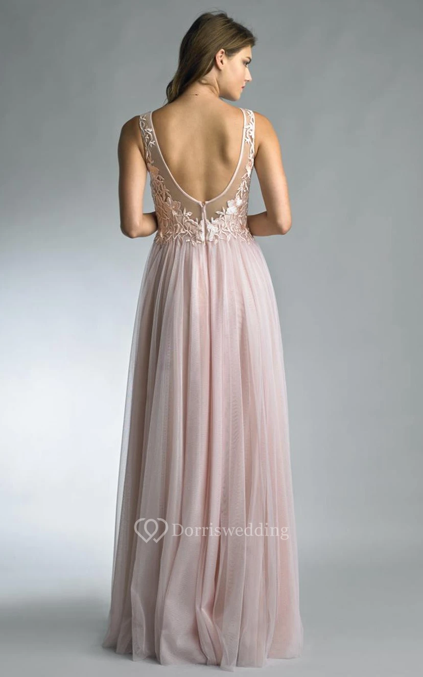 A-line Floor-length Jewel Sleeveless Tulle Low-V Back Dress view 12