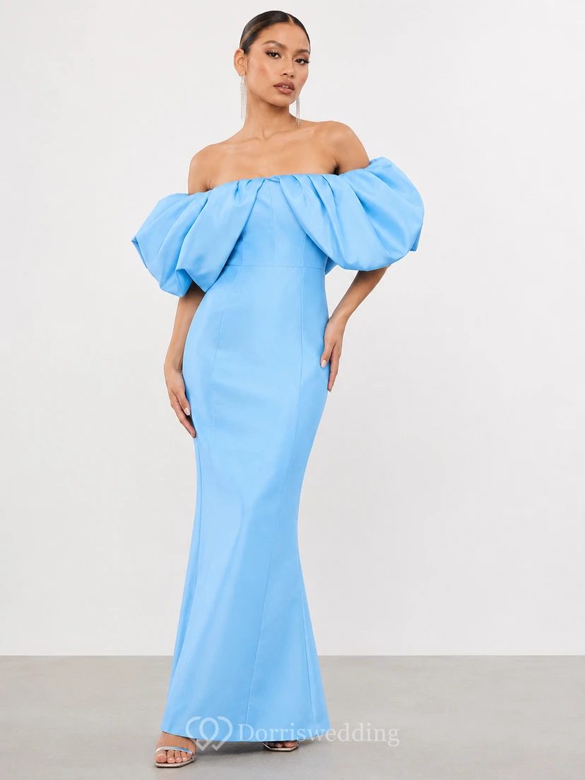 Sky Blue Off-the-Shoulder Puff Sleeve Mermaid Formal Gown