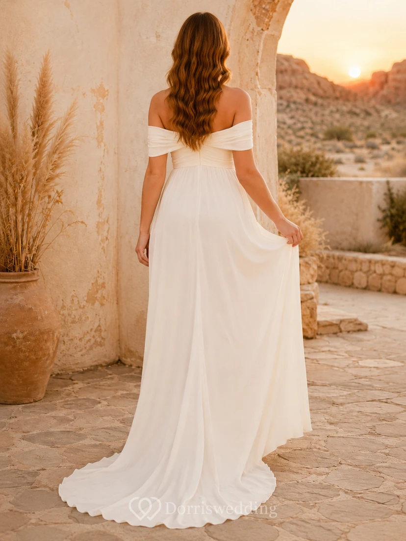Maternity Wedding Dress Off Shoulder Draped Simple Bridal Gown with Soft Train view 2