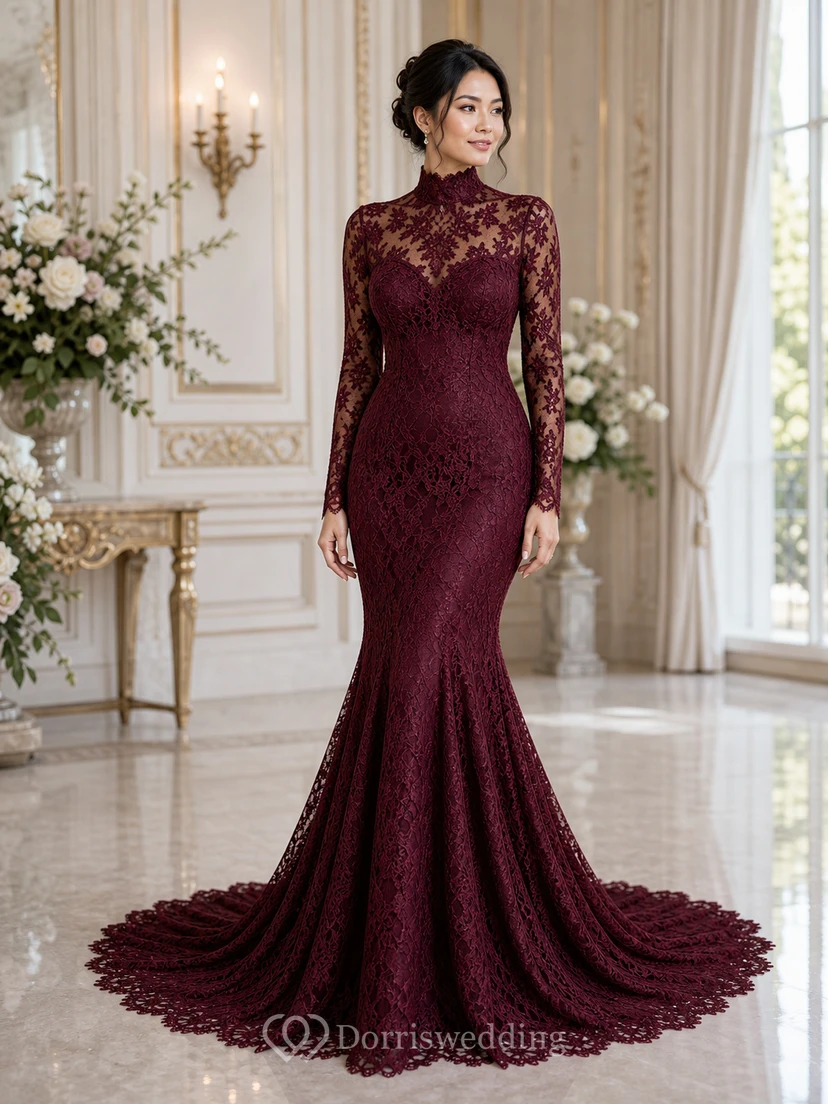 Schwarzes Meerjungfrauen-Hochzeitskleid aus Spitze mit hohem Kragen und langen Ärmeln view 6
